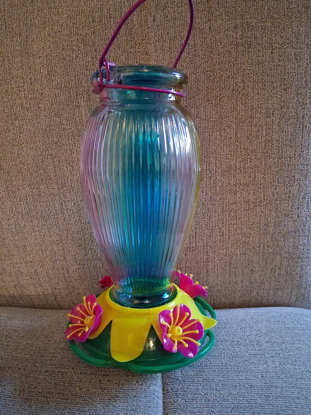 NWT art Deco Glass Hummingbird Feeder with 4 Metal Pink Flower Stations